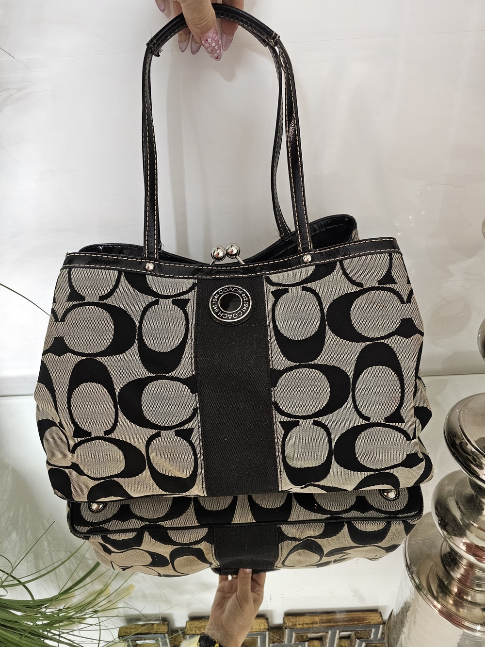 Coach Y2K Black and Cream Signature Shoulder Bag
